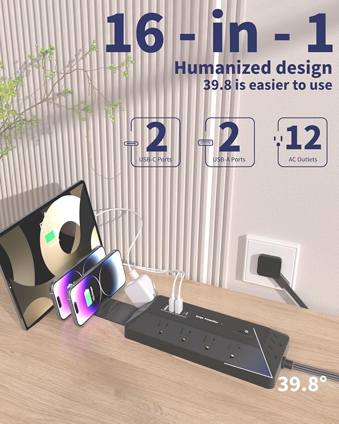 16-in-1 Surge Protector Power Strip with Multi-Function Stand, 6 Outlets with 2 USB-C (20W PD) and 2 USB-A (18W) Ports, 6FT Extension Cord for Home Office Desktop and Dorm (Black)