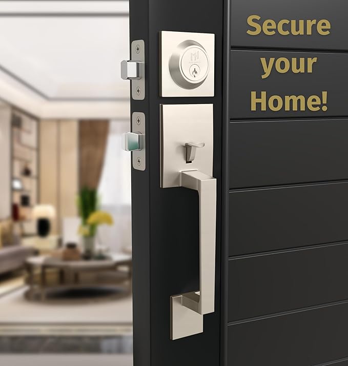 Mega Handles - TOBELLE Silver Entry Door Handleset - Single Cylinder Handleset with Lever for Entrance and Front Doors - Modern Door Handles for Left and Right-Handed Doors - Straight Handle