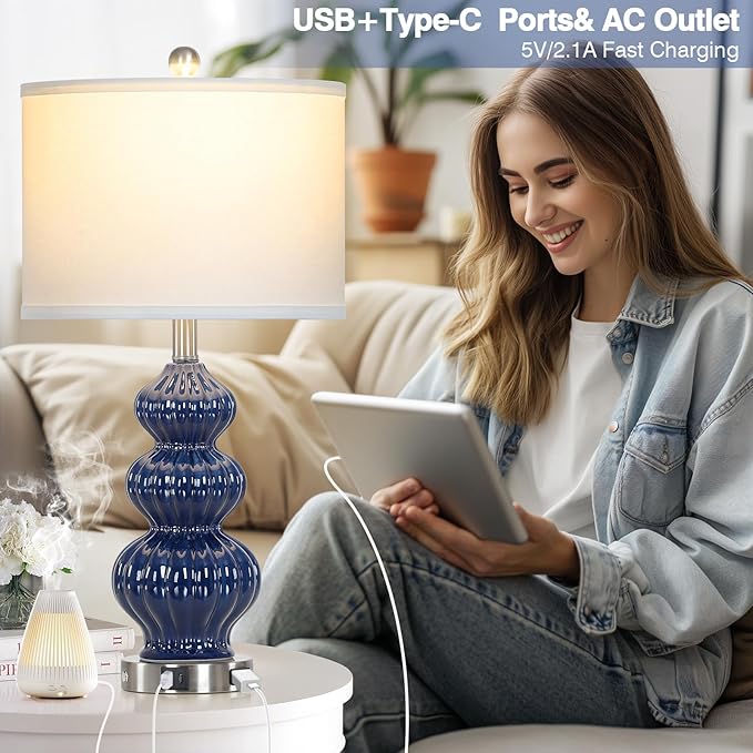 Triple Gourd Ceramic Table Lamps Set of 2, Modern Blue Bedside Lamps with USB A+C Ports & AC Outlet, 3 Way Touch Control Contemporary Nightstand Lamps for Bedroom Living Room
