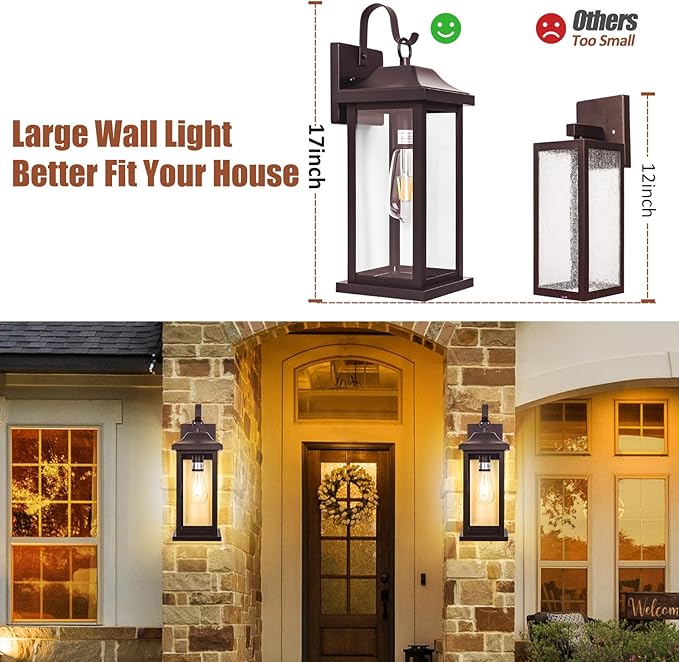 Large Bronze Outdoor Wall Light 17 Inch, Vintage Exterior Light Fixture with IP65 Waterproof Clear Glass, Farmhouse Outside Wall Sconce Porch Light for Front Door Backyard, Oil Rubbed