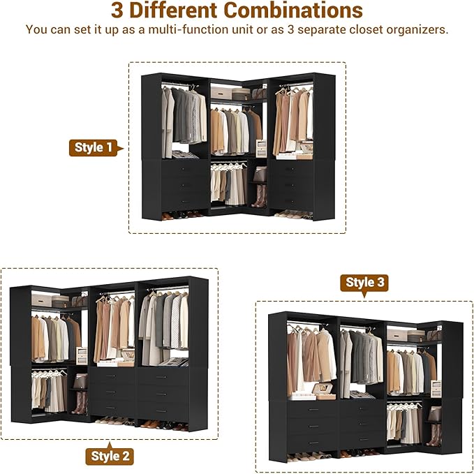Aheaplus Closet System with 6 Drawers, 4 Hanging Rods & Corner Tower, Corner Closet System with Hanging,80.9" L-Shaped Walk-In Wardrobe Organizer, 2000+ lbs Capacity, Set of 3, Black