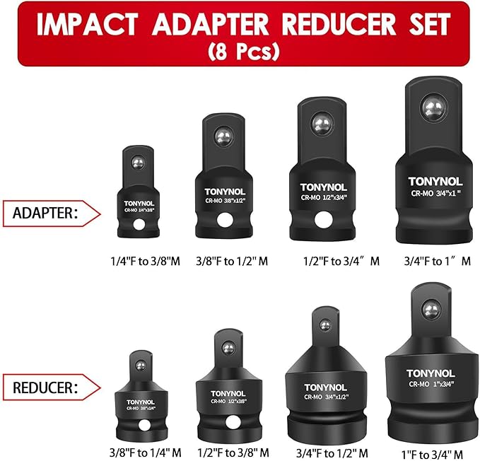 8 Piece Impact Socket Adapter and Reducer Set,1/4" 3/8" 1/2" 3/4" 1"Drive Socket Adapter Set,Cr-Mo Steel,With a Storage Case.