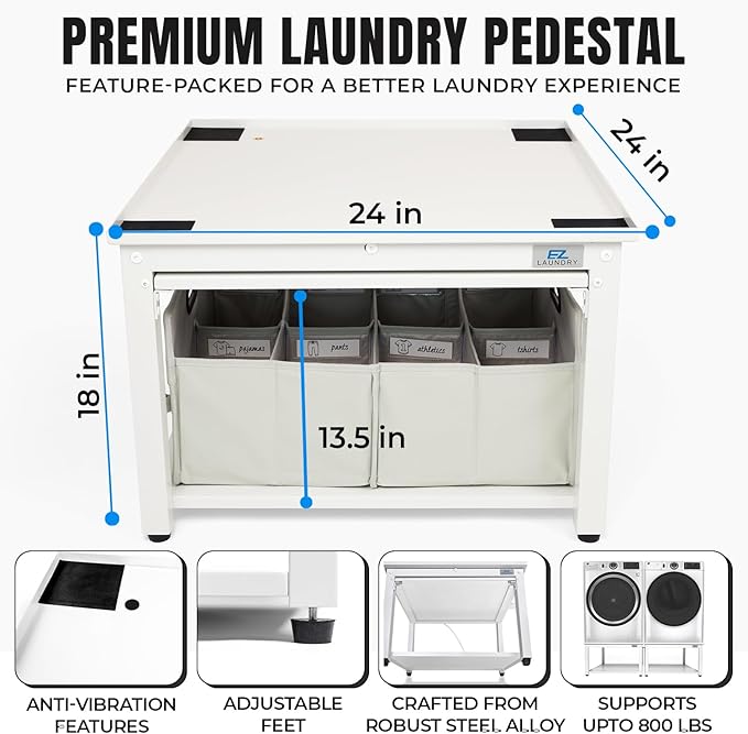 Washer and Dryer Pedestals with Pullout-Shelf - 24" W, 18" H, White Steel Universal Fit with Major Brands | Laundry Pedestal with Drain Pan & Hose | Washer Stand for Back Pain Relief, 800 lbs Capacity