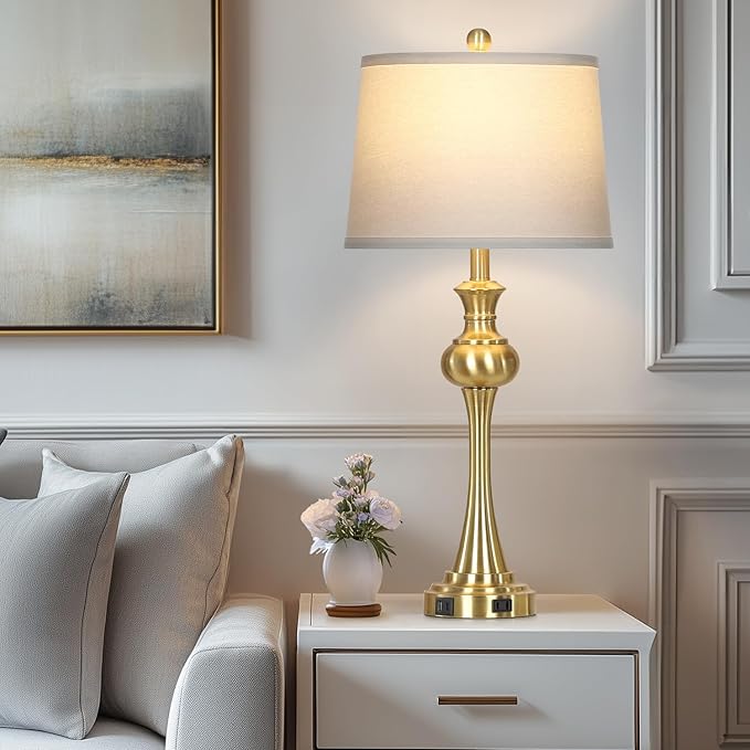 28.75" Gold Table Lamps for Living Room,Touch Lamps for Bedrooms Set of 2 - Nightstand Table Lamp with USB C+A, 3 Way Dimmable Bedside Lamps End Tables, Antique Brass