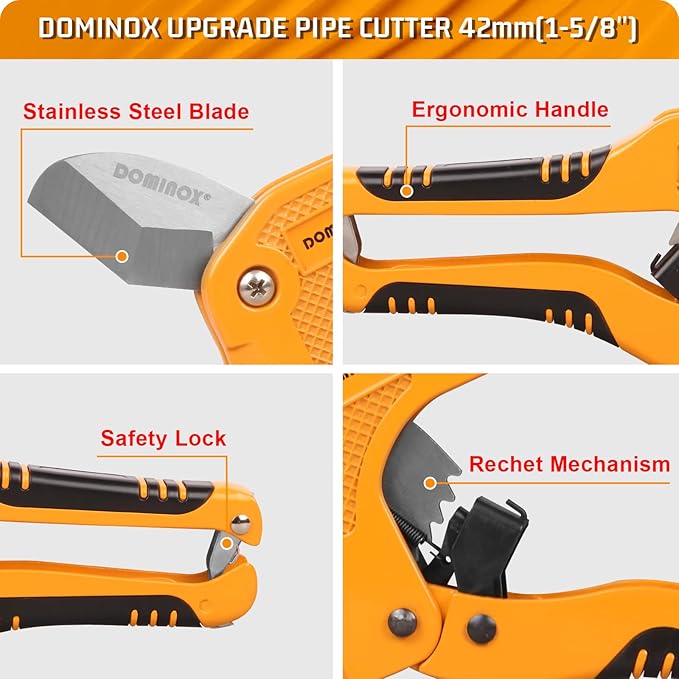 DOMINOX 1-5/8 Inch O.D. Ratchet-type PVC Pipe Cutter, Apply to PEX, PVC and PPR plastic hoses and Plumbing Pipe, Suitable for Home Working and Plumber