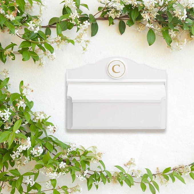 Whitehall Custom Wall Mount Mailbox Package - Mail Box with Monogram, Sand Cast Aluminum, Classic Design White Personalized in Goldtone