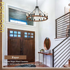 31.5'' Wooden Wagon Wheel Chandelier Farmhouse 12 Lights Wood Round Chandelier Black Rustic Light Fixture for Living Dining Room Entryway Foyer Kitchen