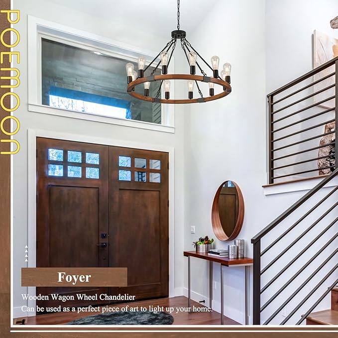 31.5'' Wooden Wagon Wheel Chandelier Farmhouse 12 Lights Wood Round Chandelier Black Rustic Light Fixture for Living Dining Room Entryway Foyer Kitchen