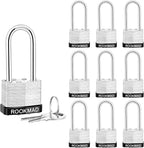 Laminated Steel Padlocks, Keyed Alike, 10 Pack, Silver, Long Shackle, CA65 Compliant
