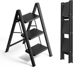 Step Ladder 3 Step Folding, Small Step Stool for Adults, Portable Anti-Slip Iron Stepladder with Wide Pedals for Home and Kitchen Use, Space Saving - Black (300 lbs)