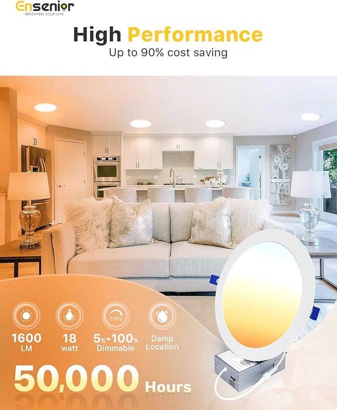 Ensenior 24 Pack 8 Inch LED Recessed Ceiling Light, Dimmable, 2700K-5000K 5CCT, 1600LM 18W 120V, High Brightness Dimmable Canless Wafer Downlight - ETL&FCC&IC