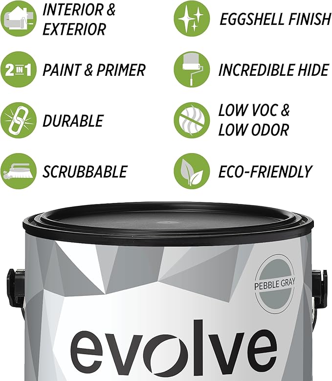 EVOLVE Paint & Primer: Environment-friendly, Low Sheen with One-coat Coverage for Interior & Exterior surfaces (Pebble Gray, 1-Gallon)
