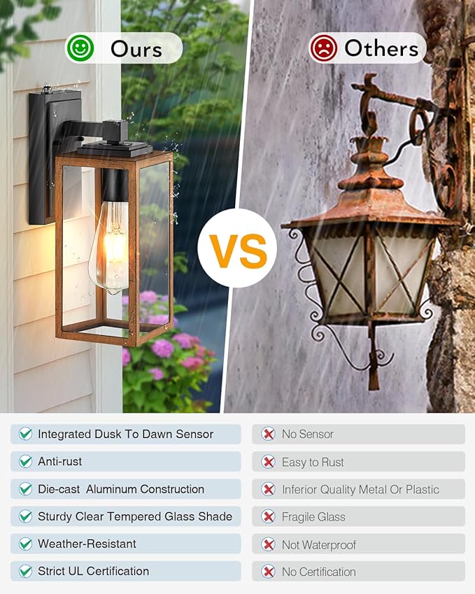 VIANIS Dusk to Dawn Wall Lights, Wood Grain Exterior Light Fixture, Clear Glass Garage Light, Modern Outdoor Lights Sconce with Waterproof, Anti-Rust, Weather Resistant for Patio, E26 Socket