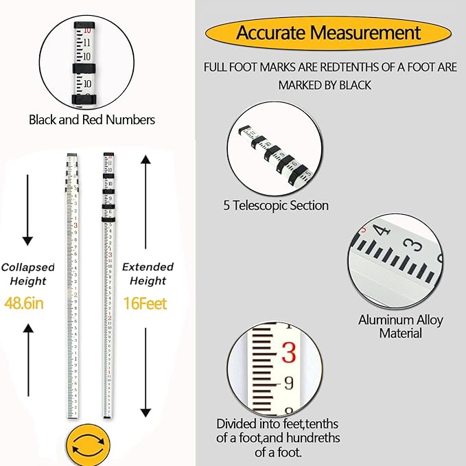 Grade Rod，16-Foot Aluminum Grade Rod - 10ths，Grade Stick,Grade Stick for Laser Level，Survey Rod，Grade Rods，Survey Pole，With Bubble Level, 5-Stage Telescopic，Double-Sided Scale Telescopic Leveling Rod