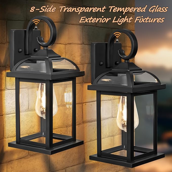 2-Pack Outdoor Wall Lights Dusk to Dawn, 15 Inch Aluminum Anti-Rust Exterior Light Fixture with IP65 Clear Tempered Glass Large Outside Wall Sconce Lanterns for House Matte Black
