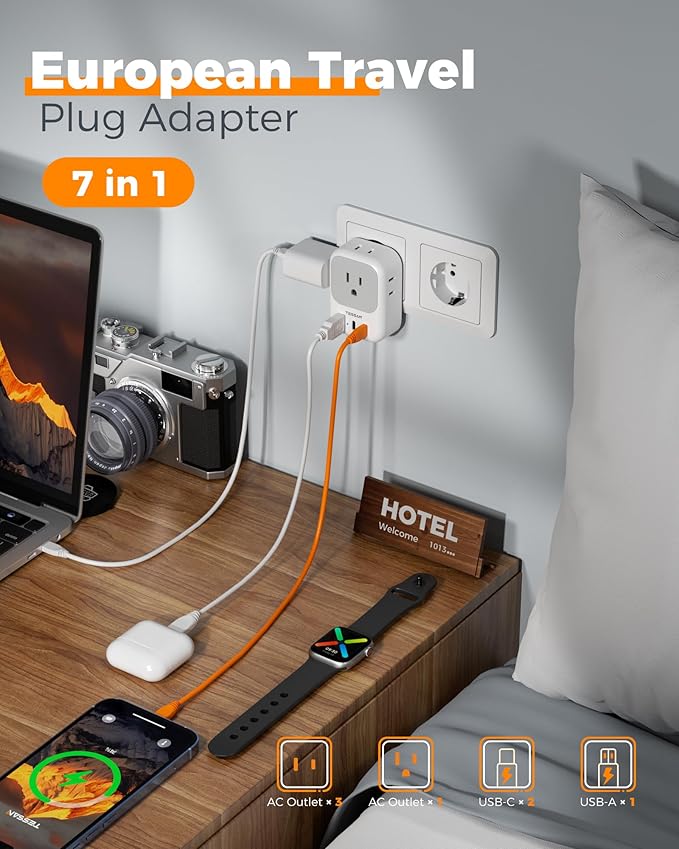 TESSAN European Travel Plug Adapter, Type C Power Adaptor with 4 AC Outlets 3 USB Ports (2 USB C), Europe Outlet Adapter for USA to EU Euro International Italy Iceland Spain France Greece Germany