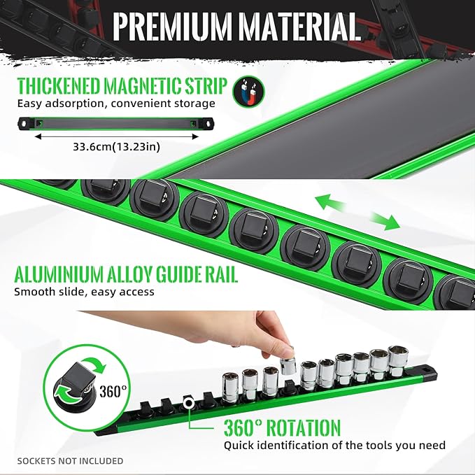 Magnetic Socket Organizer, 1-Piece Heavty Duty Aluminum Socket Holder, Socket Rail for Tool Box, Premium Quality 360° Swivel Socket Rack with 14 Clips for 1/4-Inch(Green)