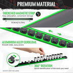 Magnetic Socket Organizer, 1-Piece Heavty Duty Aluminum Socket Holder, Socket Rail for Tool Box, Premium Quality 360° Swivel Socket Rack with 14 Clips for 1/4-Inch(Green)