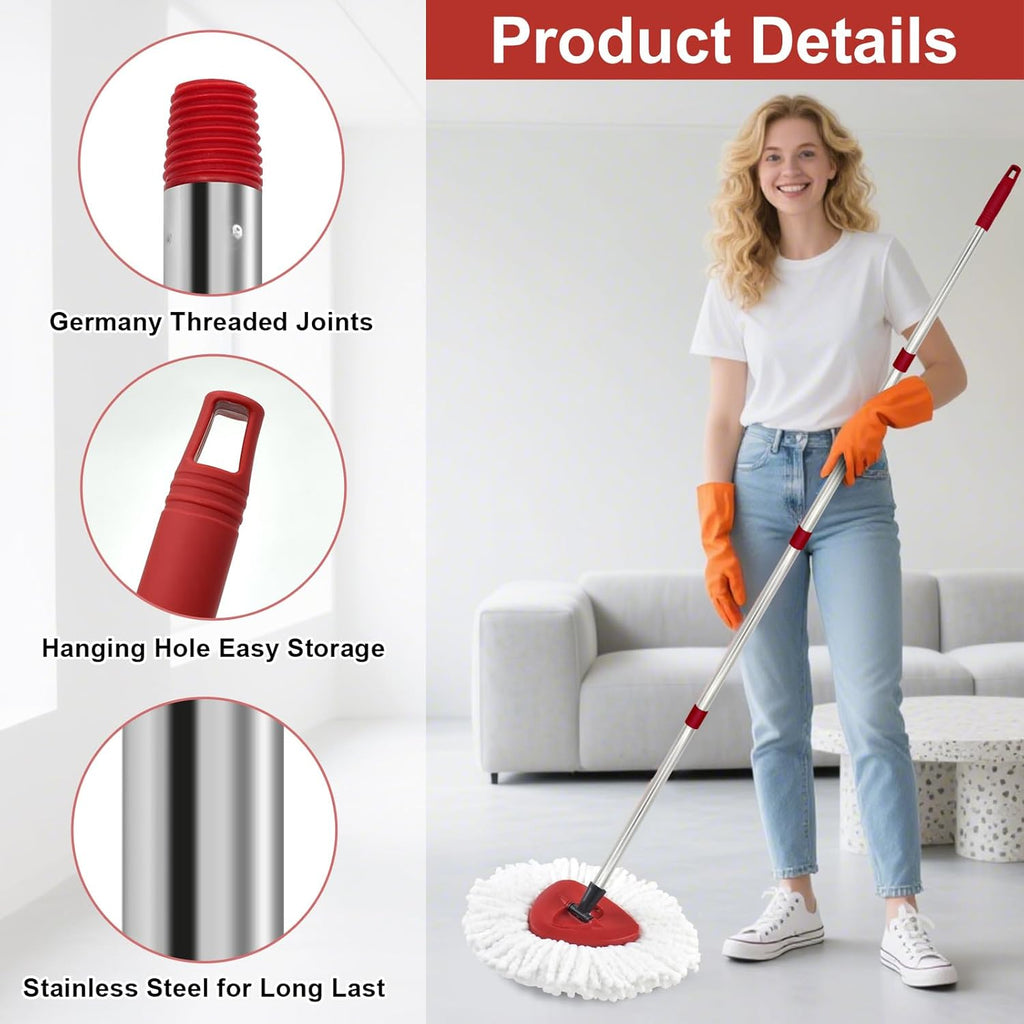 4 Section Stainless Spin Mop Replacement Handle for O Cedar Spin Mop Handle for Ocedar Spin Mop Handles Adjustable 30" to 58" Mop Stick Pole to Various Floor Clean, Universal Screw Joint (No Mop Head)