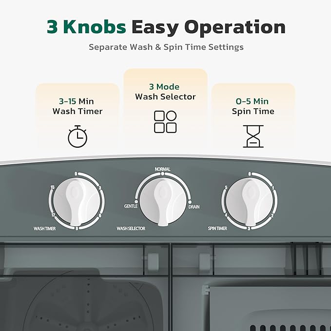Greenvelly Portable Washing Machine, 16 Lbs Compact Mini Washer and Dryer Combo, Semi-automatic Twin Tub Washer with Drain Pump for Dorms, Apartments, RVs (Grey)
