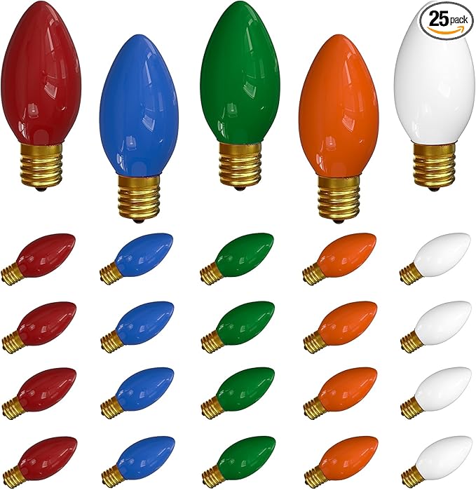 SUNSGNE 25 Pack C9 Multicolor Christmas Light Bulbs, C9 Ceramic Multicolor Incandescent Replacement Bulbs for Outdoor Vintage Christmas String Light, E17/C9 Intermediate Base- 7 Watts