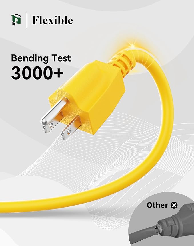 PLUGTUL 50FT Outdoor Extension Cord with Multiple Outlets, 14 Gauge, 3-Outlet, SJTW, 15A 14AWG 1875W SJTW, ETL Listed - Great for Garage, Garden and Home, Yellow