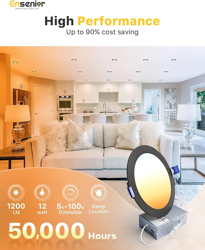 Ensenior 12 Pack 6 Inch LED Recessed Ceiling Light Black, Dimmable, 2700K-5000K 5CCT, 1200LM 12W 120V, High Brightness Canless Wafer Downlight - ETL&FCC&IC