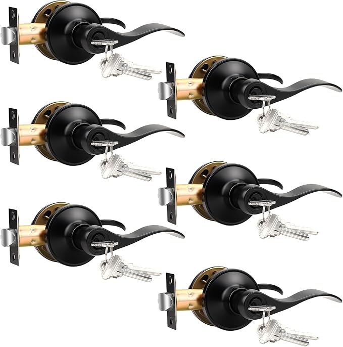Knobonly 6 Pack Keyed Alike Bathroom/Bedroom Door Lock, Matte Black Front Door Handle, Exterior Door Handle, Same Key for Each Pack, Zinc Alloy