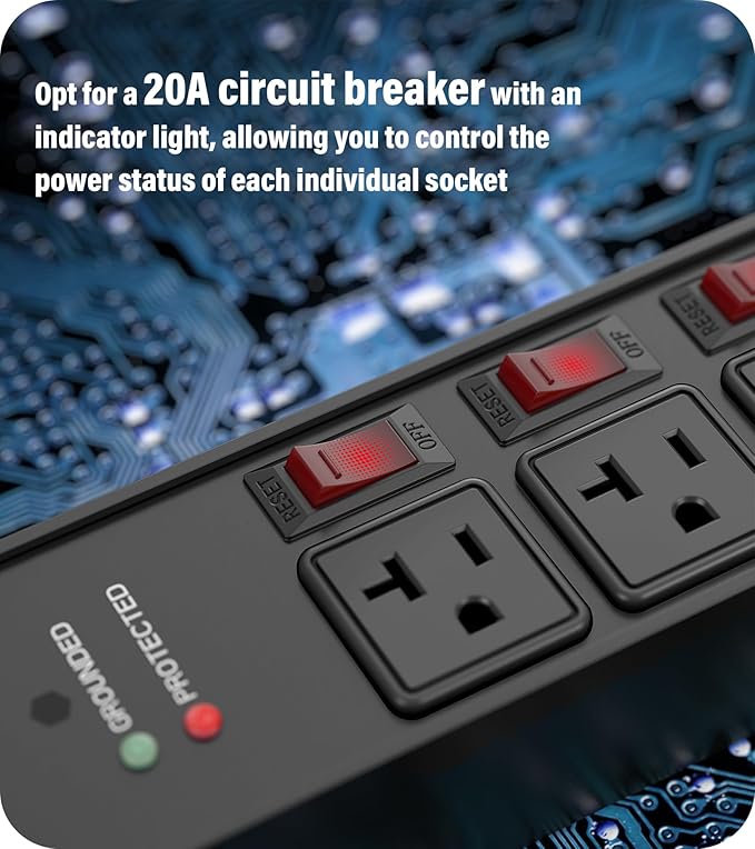 CCCEI Heavy Duty Surge Protector Power Strip 20 Amp Individual Switches. 10FT 12 Gauge Extension Cord with Multiple Outlets. Kitchen, Garage, Shop, Industrial Wall Mount Electric Extender, Black.