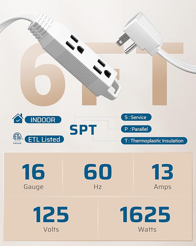 DEWENWILS 6FT Flat Plug Extension Cord, 3 Prong Ultra Thin Power Strip, 13A/125V/1625W, 16/3 Awg Grounded Flat Power Cable for Indoor Narrow Space, SPT-3 Cord, ETL Listed, White, 2 Pack