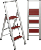 Step Ladder 3 Step Folding, Decorative - Beautiful Mahogany & Silver Aluminum, Ultra Slim Profile, Anti Slip Steps, Sturdy-Portable for Home, Office, Kitchen, Photography Use,by SORFEY
