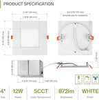 ASD 6 Pack LED Recessed Square Ceiling Light 4 Inch with Round Back, 5 CCT 2700K-5000K, Ultra-Thin Dimmable Wafer Lights with Junction Box, 12W 869LM, Canless Recessed Lighting, Slim LED Downlight, UL