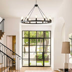 40” Farmhouse Wagon Wheel Chandelier,Black Rustic Chandelier 12-Lights Round Dining Room Light with Adjustable Height,Industrial Ceiling Light Fixtures for Kitchen,Foyer,Porch,Living Room