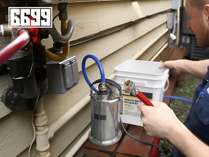 Tankless Water Heater Flushing Kit Includes 1/4HP Stainless Steel Pump with Two Adapters & 3 Gallons Pail with Bucket Lid Opener & Two 1/2” Dia X 6’ PVC Hoses with Washers