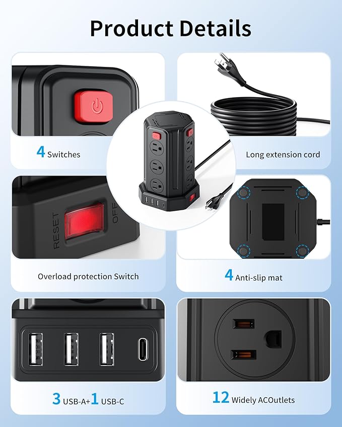 Power Strip Surge Protector, 6.5 Ft Extension Cord with 12 AC Multiple Outlets 4 USB (1 USB C), SMALLRT Power Tower Desktop Charging Station (Black, 6.5 Ft)