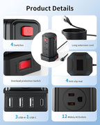 Power Strip Surge Protector, 6.5 Ft Extension Cord with 12 AC Multiple Outlets 4 USB (1 USB C), SMALLRT Power Tower Desktop Charging Station (Black, 6.5 Ft)