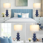 Triple Gourd Ceramic Table Lamps Set of 2, Modern Blue Bedside Lamps with USB A+C Ports & AC Outlet, 3 Way Touch Control Contemporary Nightstand Lamps for Bedroom Living Room