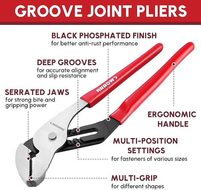 ARROW 3-Piece Groove Joint Pliers Set, Adjustable Water Pump Pliers Set (8", 10", 12") with 5 & 7 Jaw Positions, Serrated Jaws and Comfort Dip-grip Handle, for Plumbing Repair & Home Maintenance