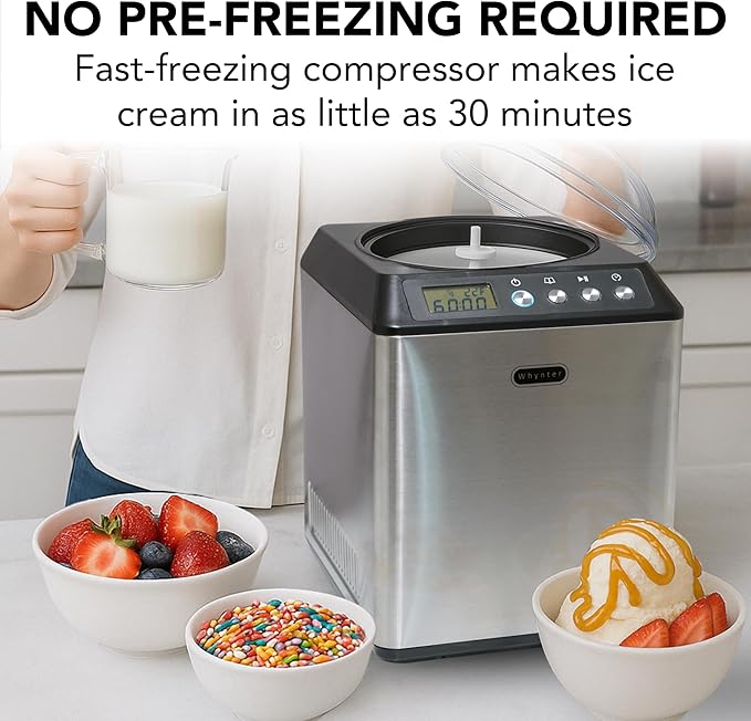 Whynter Ice Cream Maker Machine Automatic 2.1 Qt. Upright with Built-In Compressor, LCD Digital Display & Timer, No Pre-Freezing, ICM-201SB, Stainless Steel