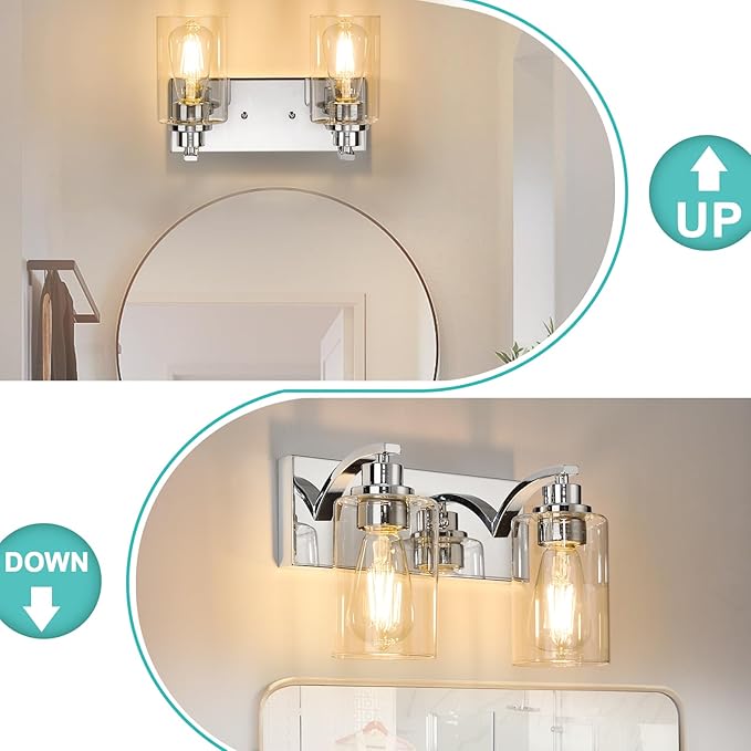 2-Light Bathroom Light Fixtures Modern Chrome Vanity Lights for Bathroom Lighting Fixtures Over Mirror with Clear Glass Shade for Cabinet Mirror Bedroom Hallway