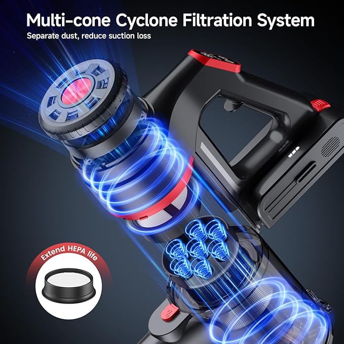 Cordless Vacuum Cleaner, 580W 60KPA Dual Motor Stick Vacuum for Home with 60mins Runtime, 6 LED Green Headlights, Self-Standing Design, V-Shaped Floor Brush for Carpet Tile Pet Hair Hardwood Floors