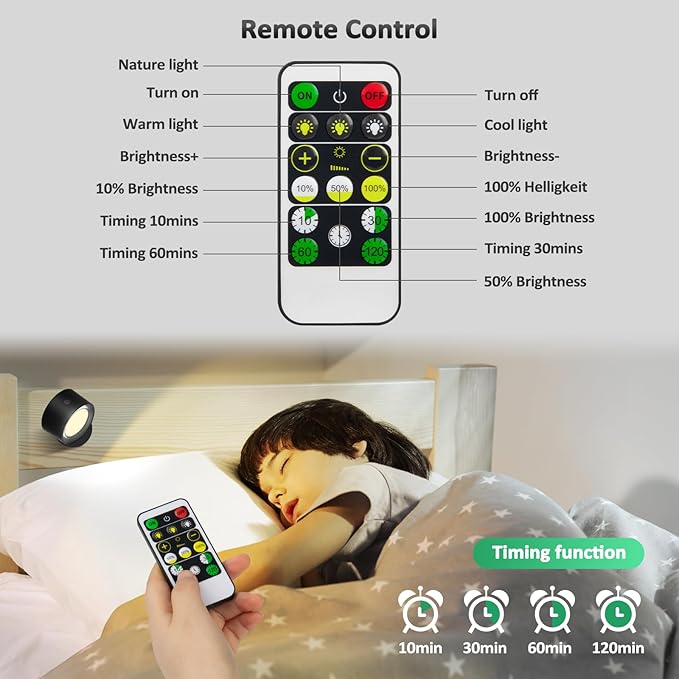 Lightbiz LED Wall Mounted Lights 2 Pcs with Remote, Wall Sconces Lamp 3000mAh Rechargeable Battery Operated, 3 Color Temperatures & Dimmable Magnetic 360° Rotation Cordless Light for Bedroom Bedside