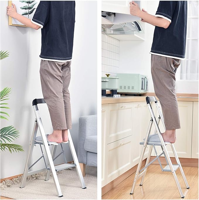 KINGRACK Aluminium 2 Step Ladder, Lightweight Step Stool with Non-Slip Pedals, Handrail, 330LBS Foldable Step Ladder for Kitchen, Garage, Home, Space Saving, Sturdy and Portable, Silver