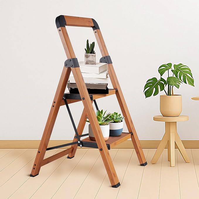 Step Ladders Folding 3 Step Stool Woodgrain Finish Aluminum,Tripod Anti-Slip Portable Sturdy for Home & Kitchen Office 330 lbs