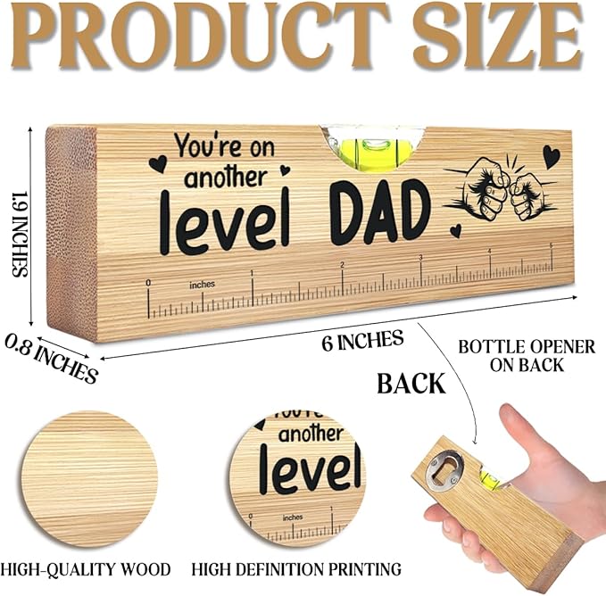 Christmas Gifts for Dad from Daughter Son, Best Stepped Up Dad Gifts for Father, Funny Birthday Fathers Day Valentines Gift for Stepdad Wooden Spirit Level A4
