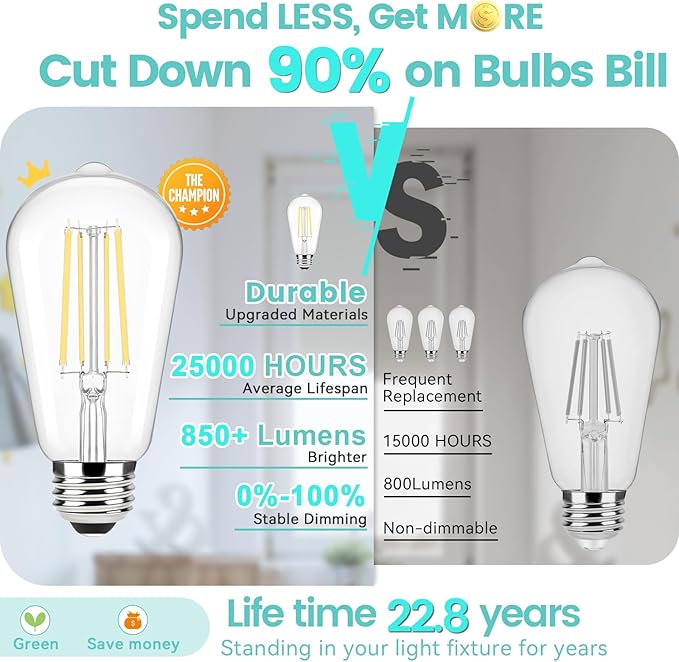 Brightever Dimmable LED Light Bulbs 60W Equivalent, 4000K Neutral White Edison Light Bulb, 7W, 850LM Vintage E26 Base Bulb, 90+CRI, ST58 Clear Glass Antique LED Filament Bulbs for Bathroom, 6-Pack
