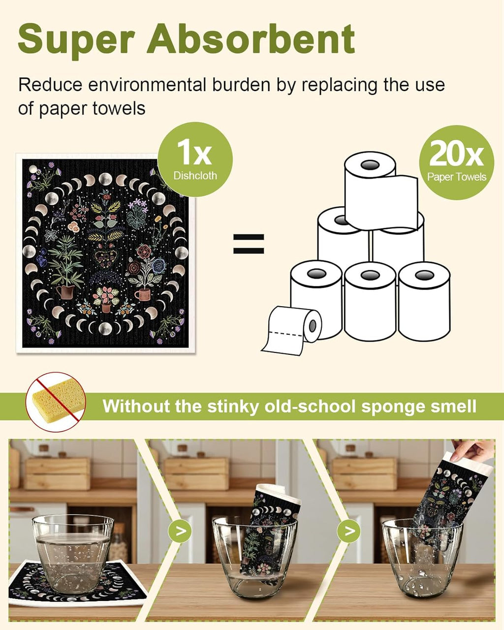 6 Pack Swedish Dishcloths for Kitchen - Reusable Dish Cloths for Washing Dishes Absorbent Cute Funny Kitchen Towels Cleaning Sponge, Moon Butterfly