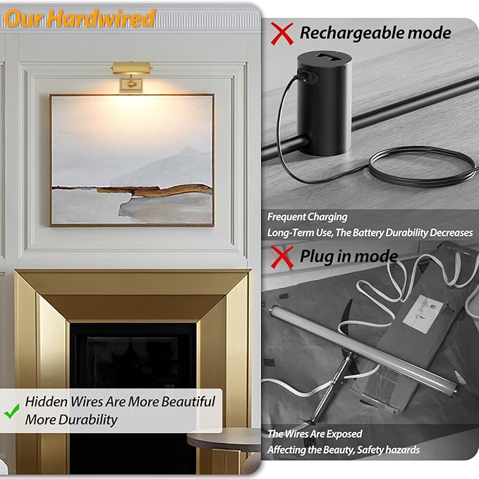 Picture Lights for Wall Hardwired, 8" Brass Picture Light, Brush Gold Art Light, 2700k Dimmable Gallery Lights, Vintage Wall Picture Light Painting Light for Artwork Poster Portrait Display