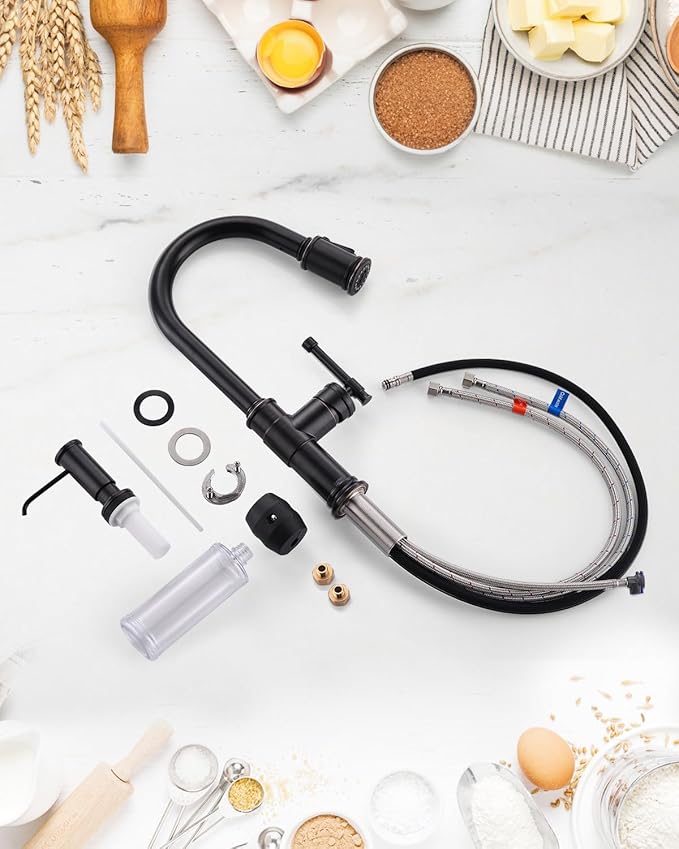 Antique Oil Rubbed Bronze Kitchen Sink Faucet with Soap Dispenser, DAYONE Pull Down Farmhouse Faucet for Sink with 3 Mode Sprayer, Single Handle High Arc, DAY-APS136-ORB