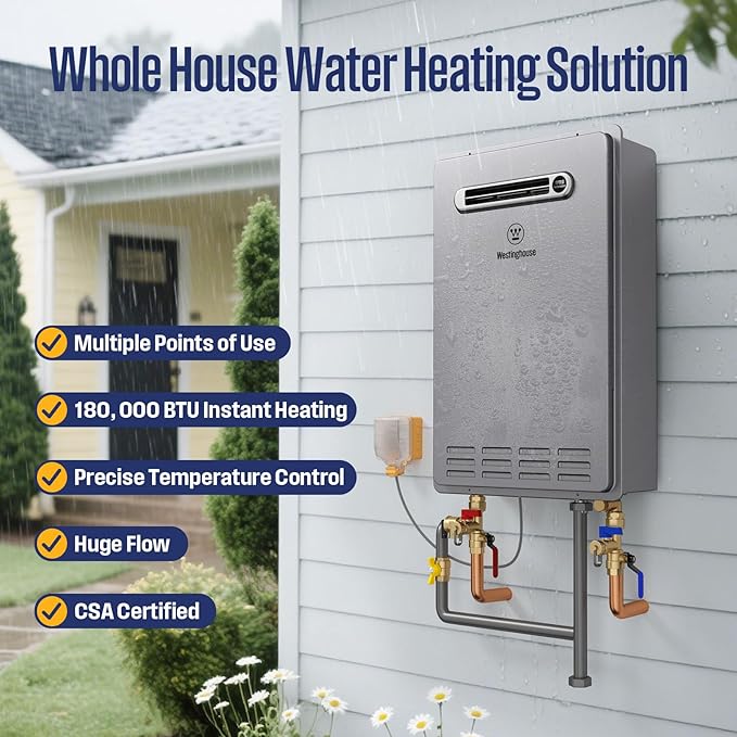 Westinghouse Tankless Water Heater Propane Outdoor Installation Max 8.1 GPM 180,000 BTU, Temp Self Modulating Non Condensing High Efficiency Water Heater for House or Commercial, APOLO Performance